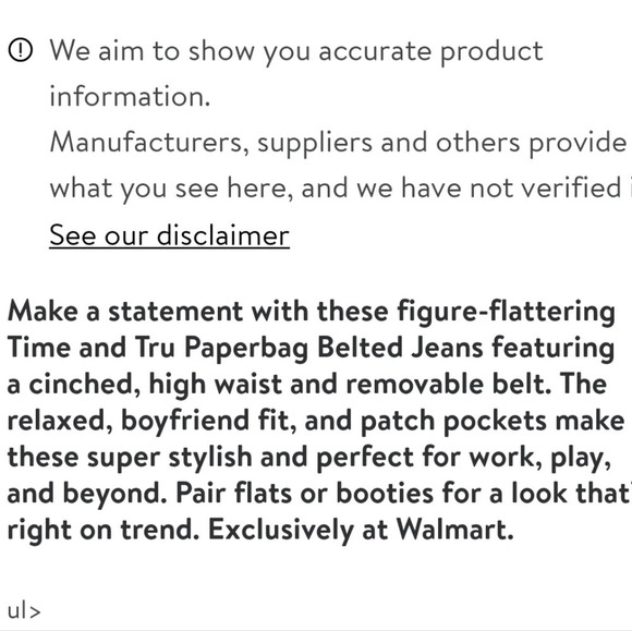 NWT Time & Tru Paperbag Waist Belted Jeans 16 - Picture 7 of 8